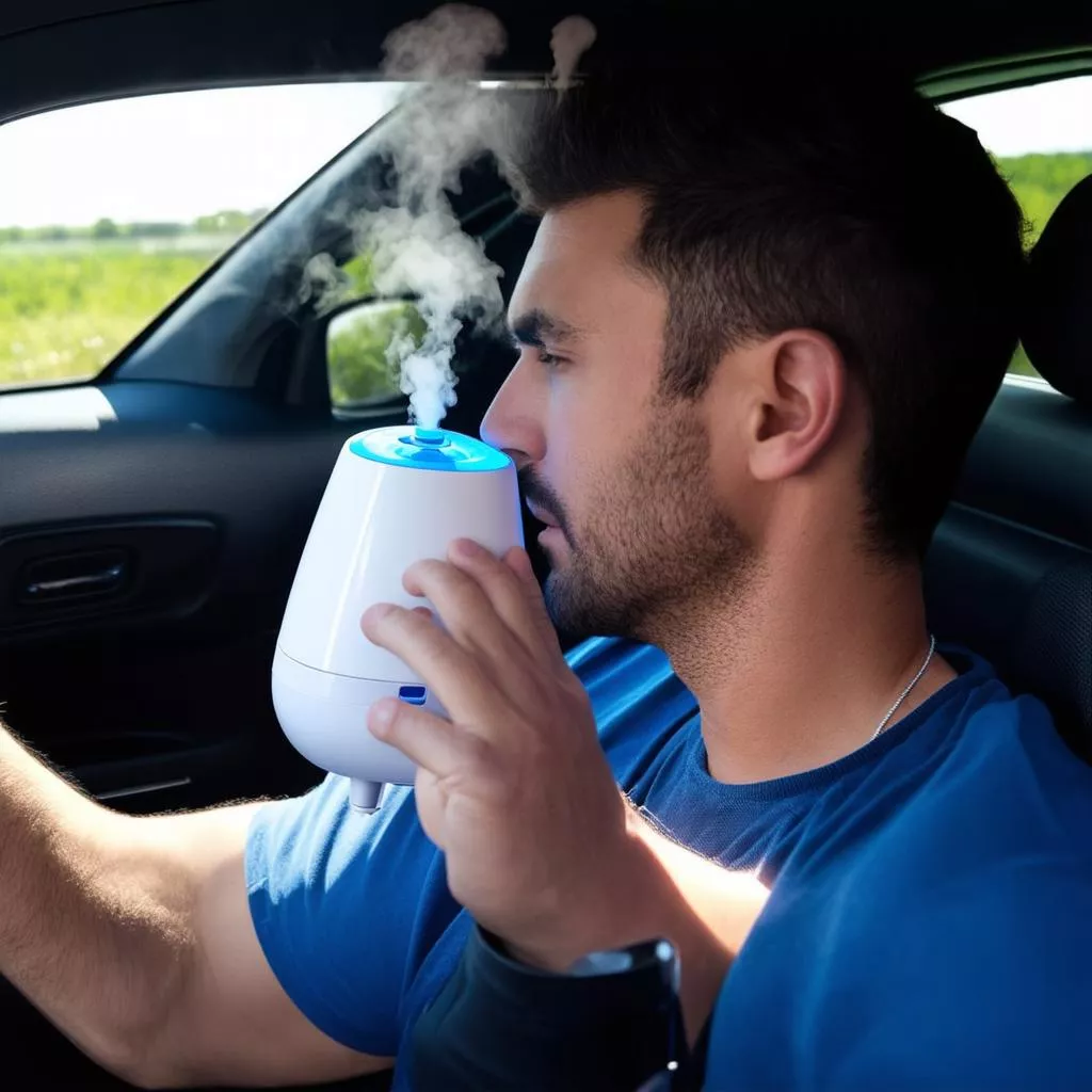 男士在车内使用加湿器