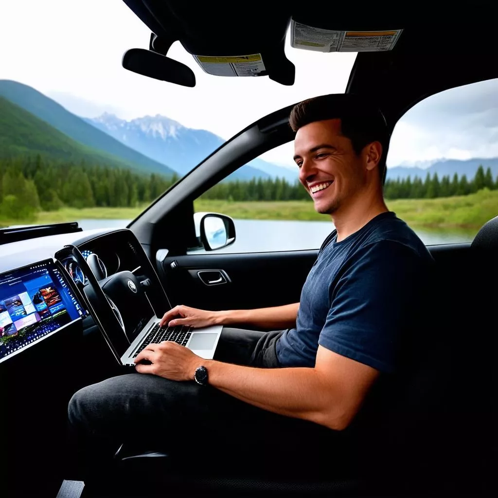 Man using wifi in a car