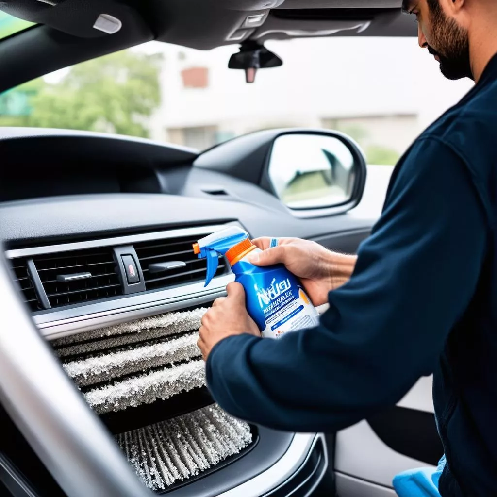 Mann reinigt eine Autoklimaanlage