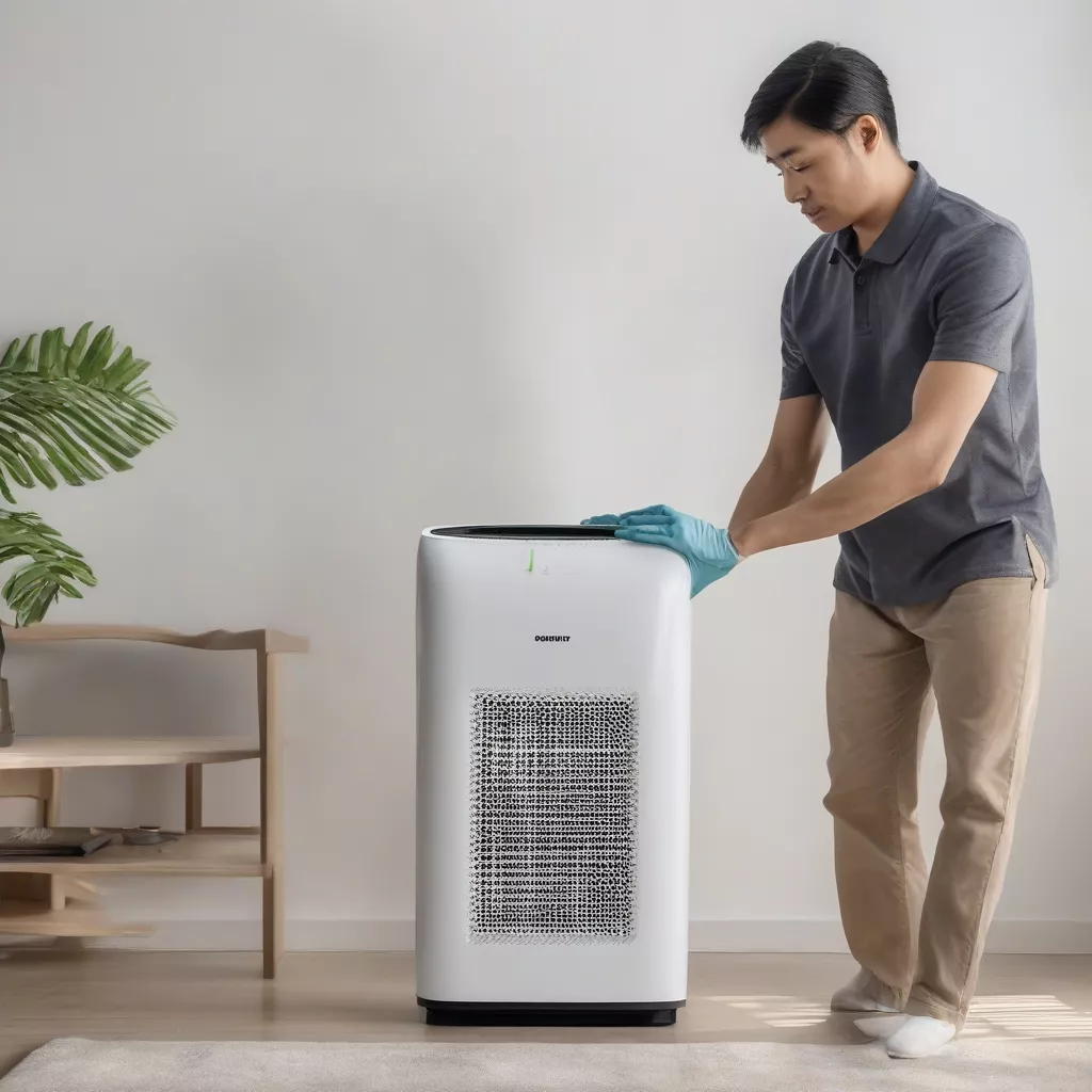 Homem a limpar um purificador de ar