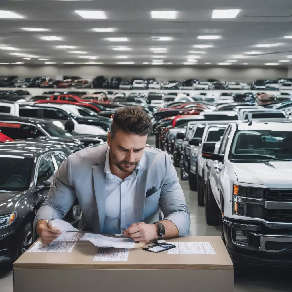 Man reviewing truck prices at a dealership