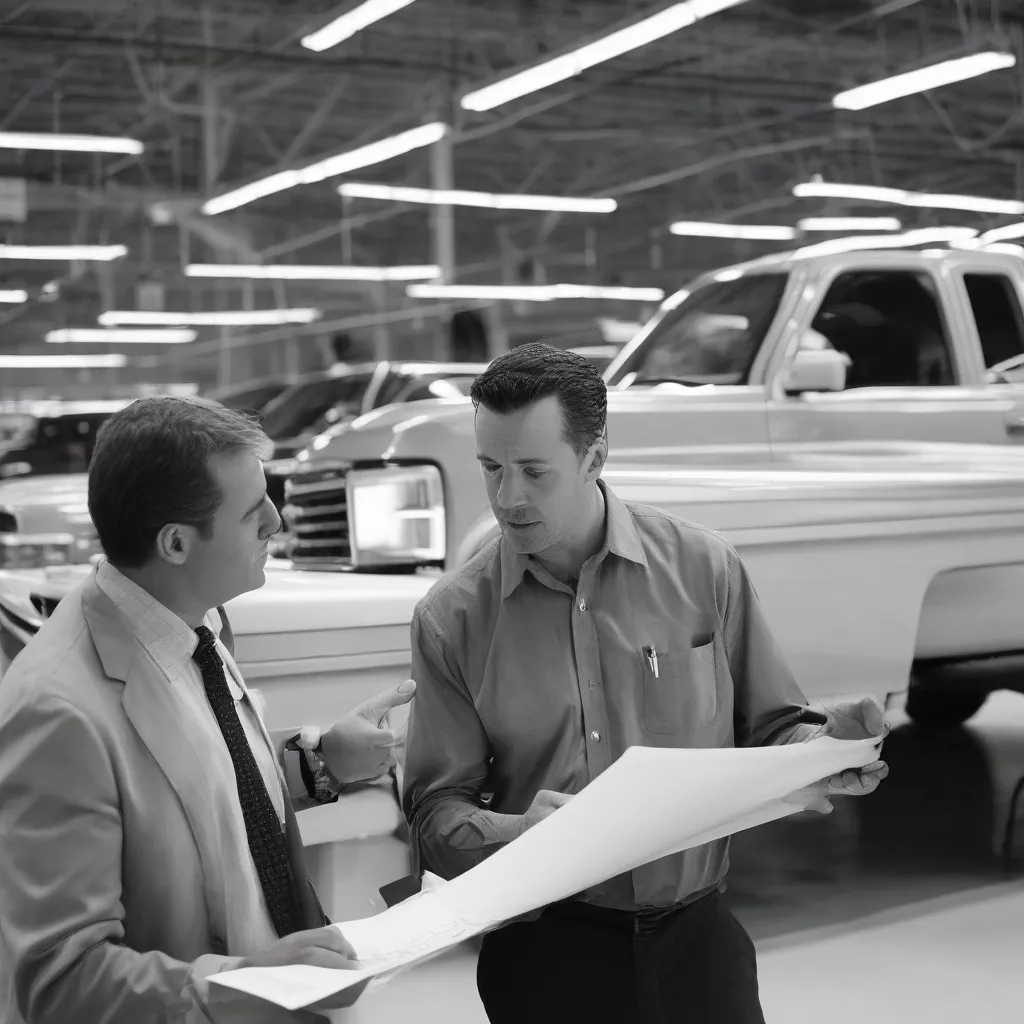 Customer reviewing truck blueprints at a dealership