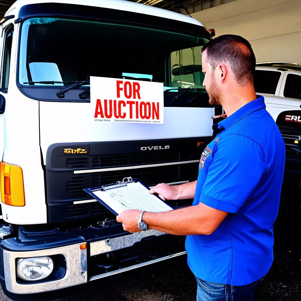Uomo che esamina un camion all'asta