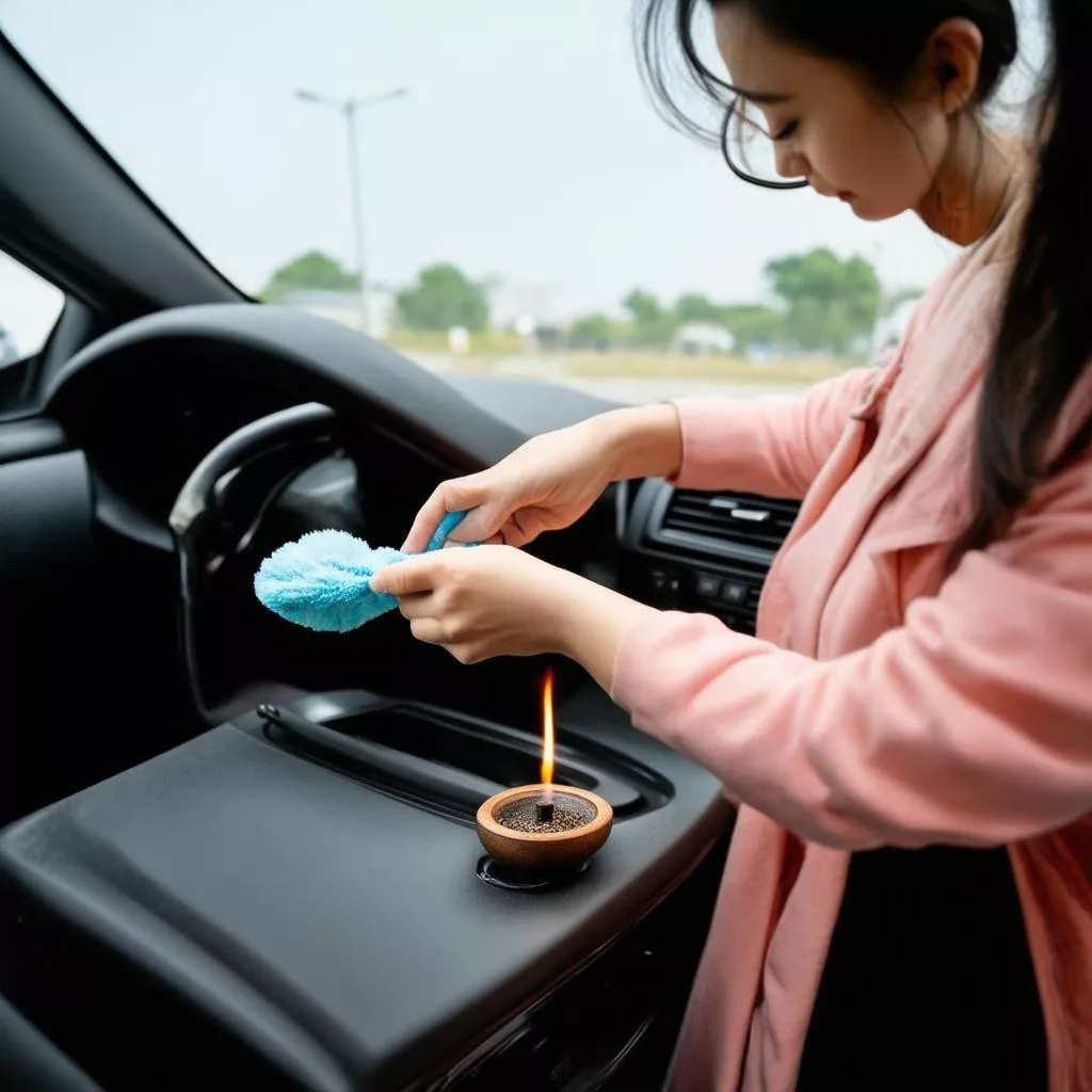 Người phụ nữ đang lau chùi bát hương ô tô