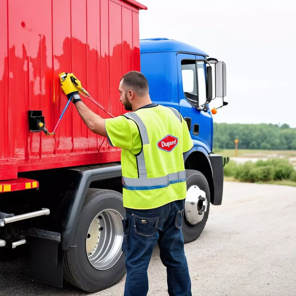 A worker painting a truck with Dupont paint