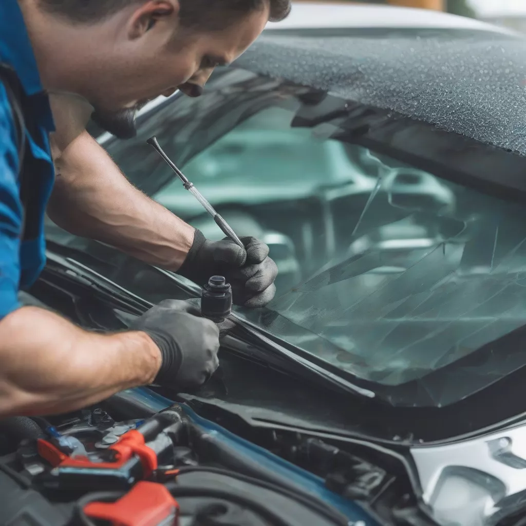 Người thợ đang sửa chữa kính ô tô