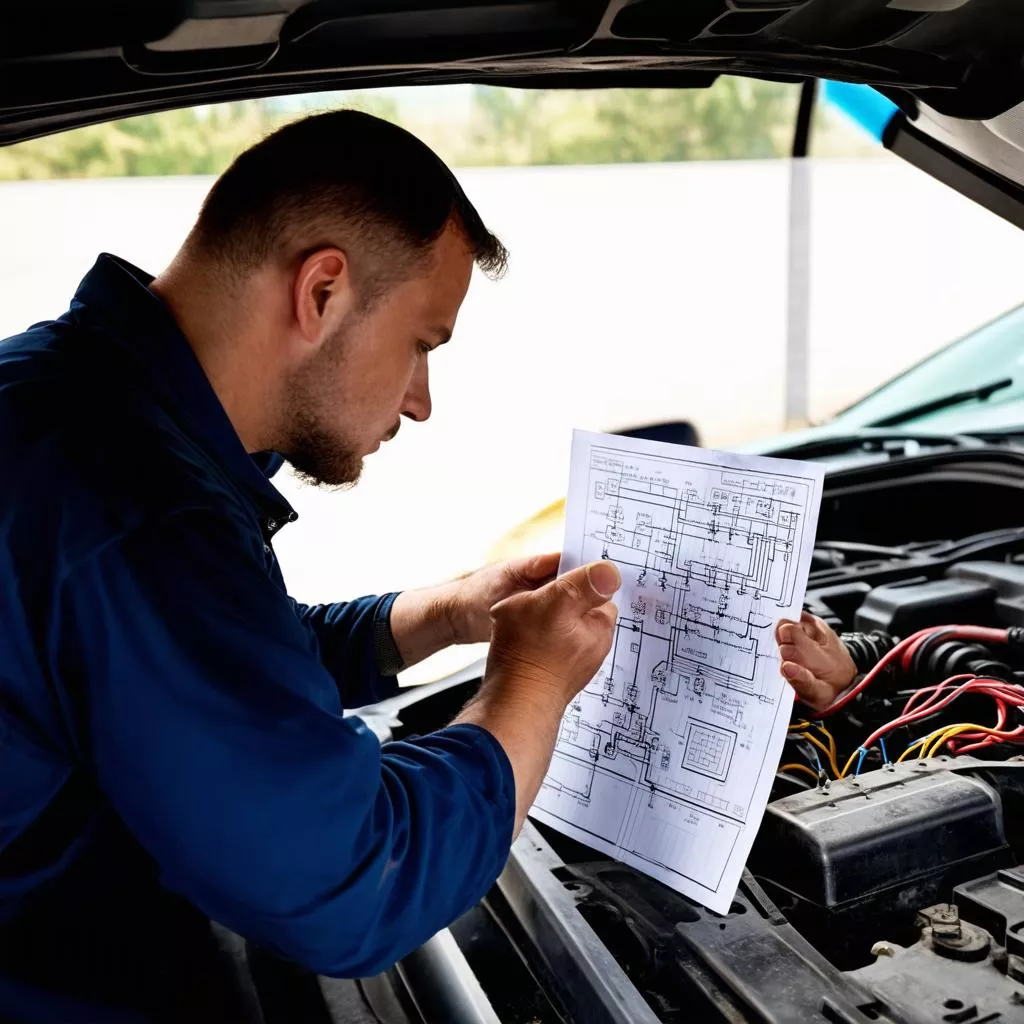 Người thợ kiểm tra sơ đồ điện ô tô