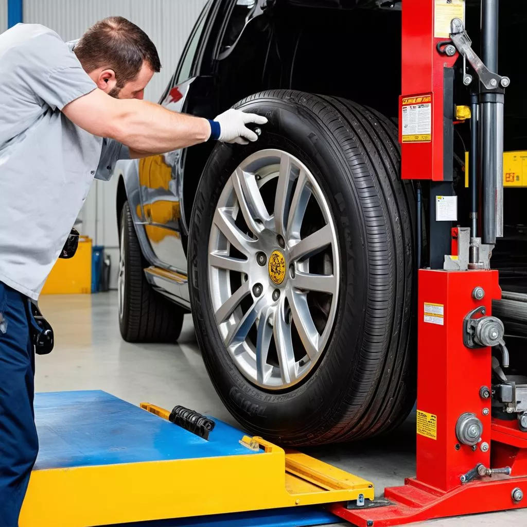 Người thợ sử dụng máy tháo lốp