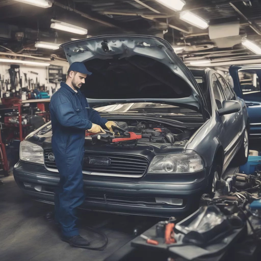 Auto mechanic working on a car
