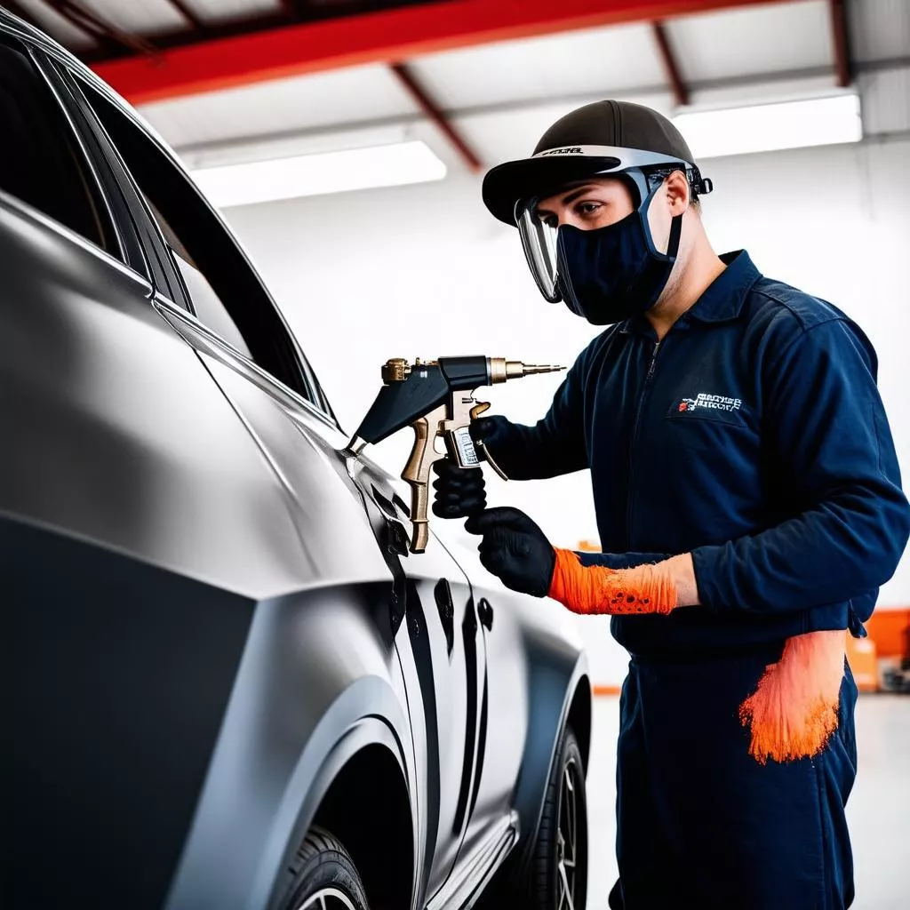 एक पेंटर स्प्रे गन का उपयोग कर रहा है