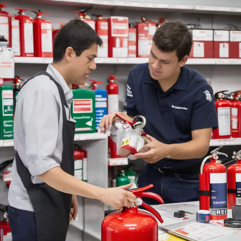 Nhân viên đang giúp khách hàng chọn bình cứu hỏa