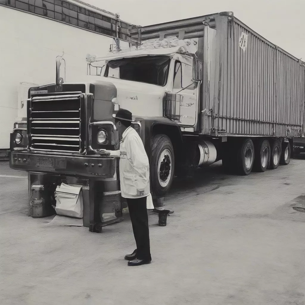 トラックを点検する整備士