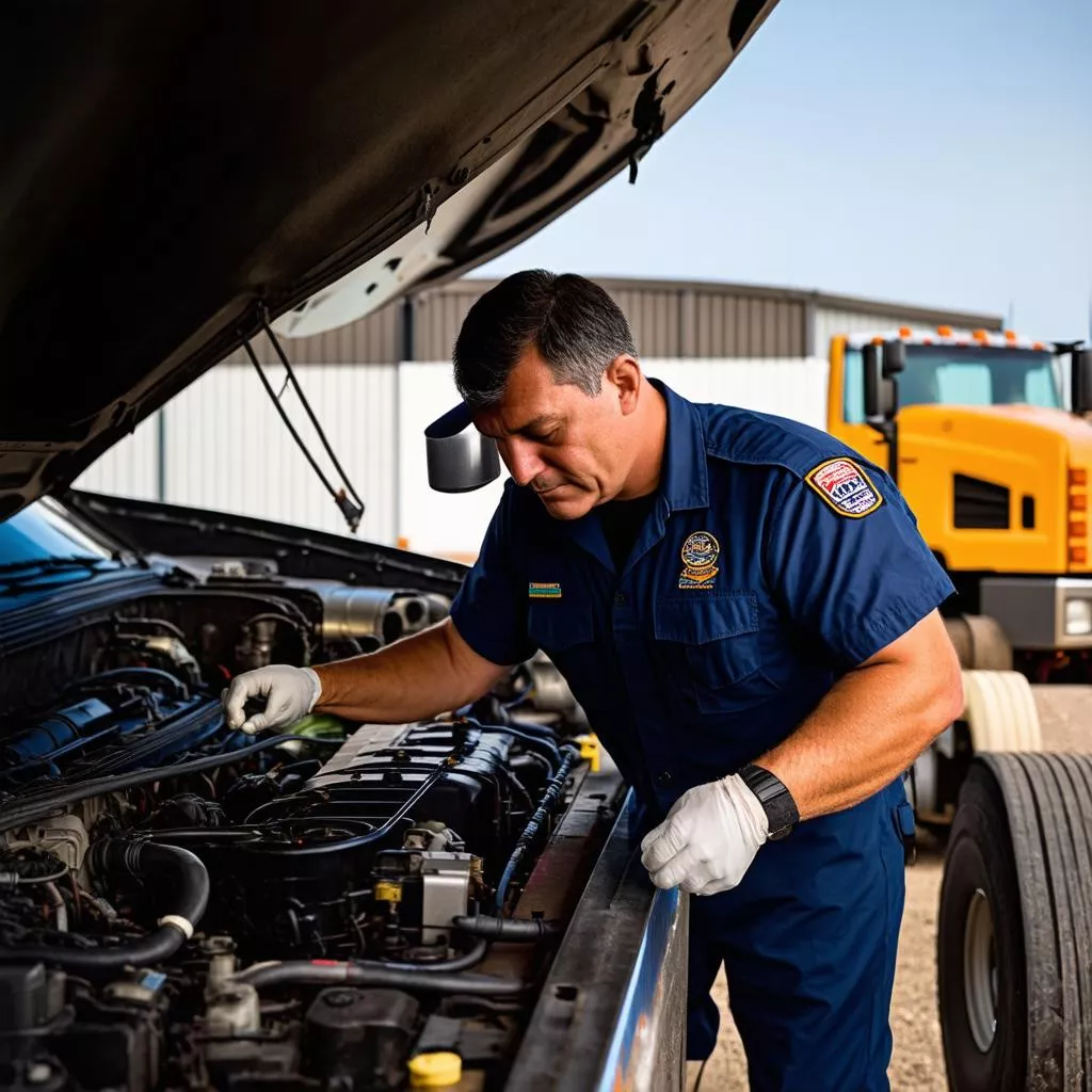 Nhân viên đang kiểm tra xe tải
