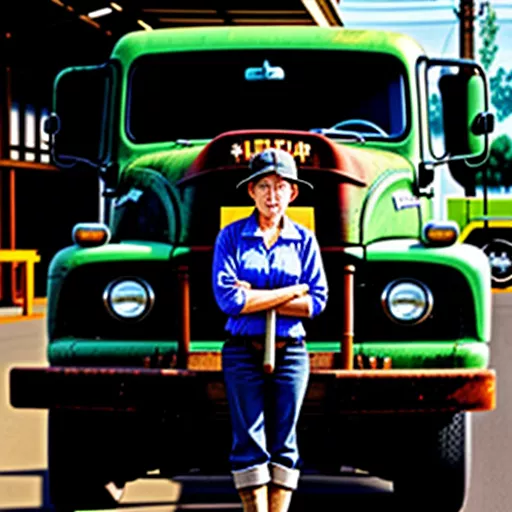 कर्मचारी पुराने ट्रक की जाँच कर रहा है