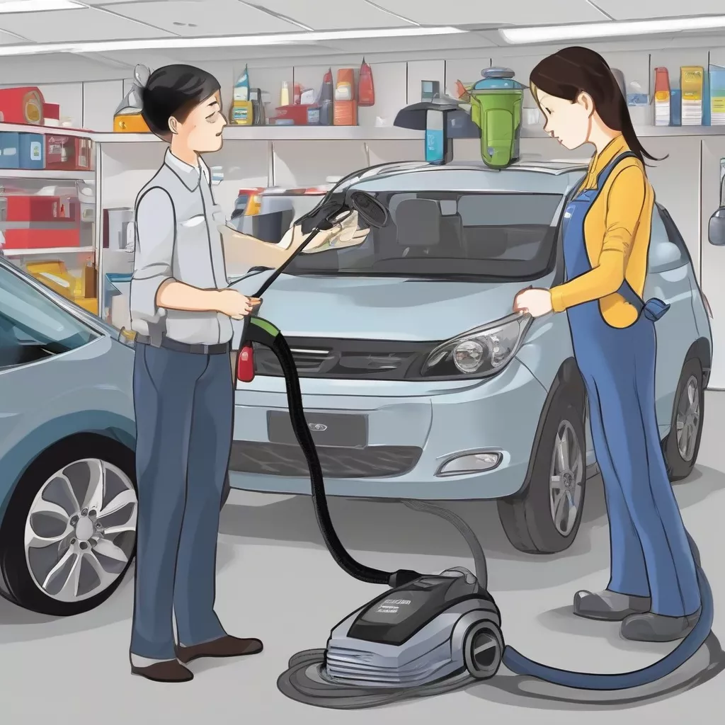 Sales staff consulting a customer about a car wash vacuum cleaner