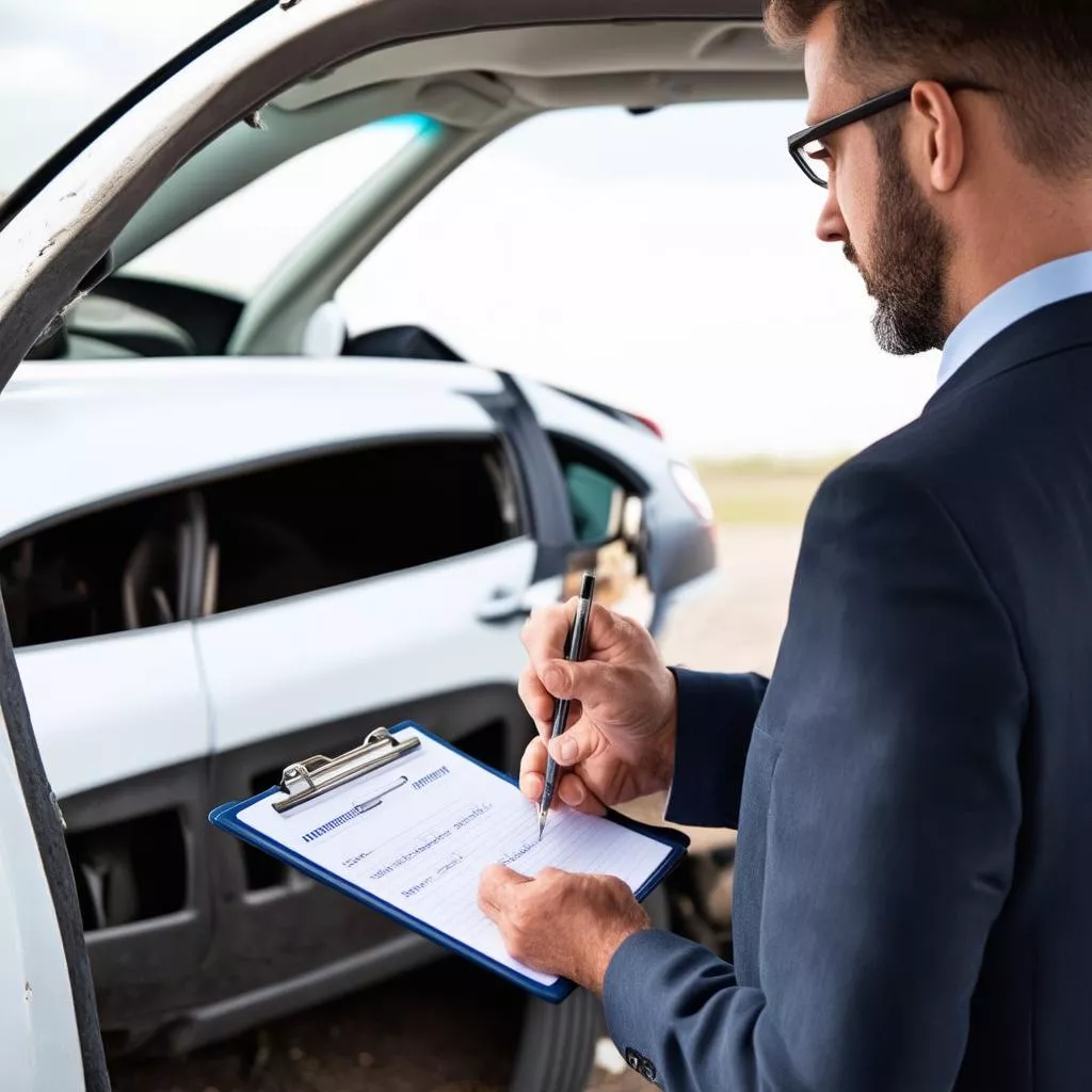Insurance assessor inspecting a vehicle