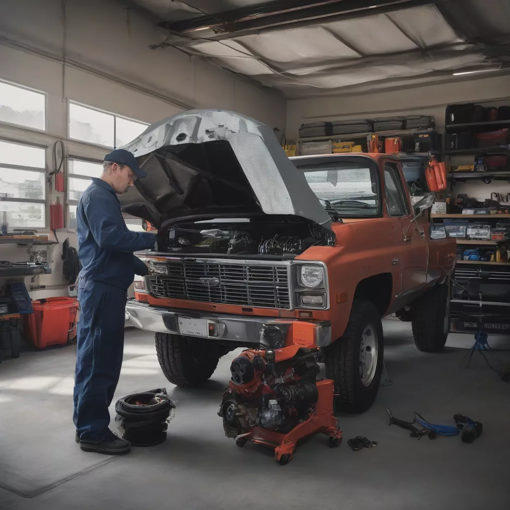 Technician inspecting a truck