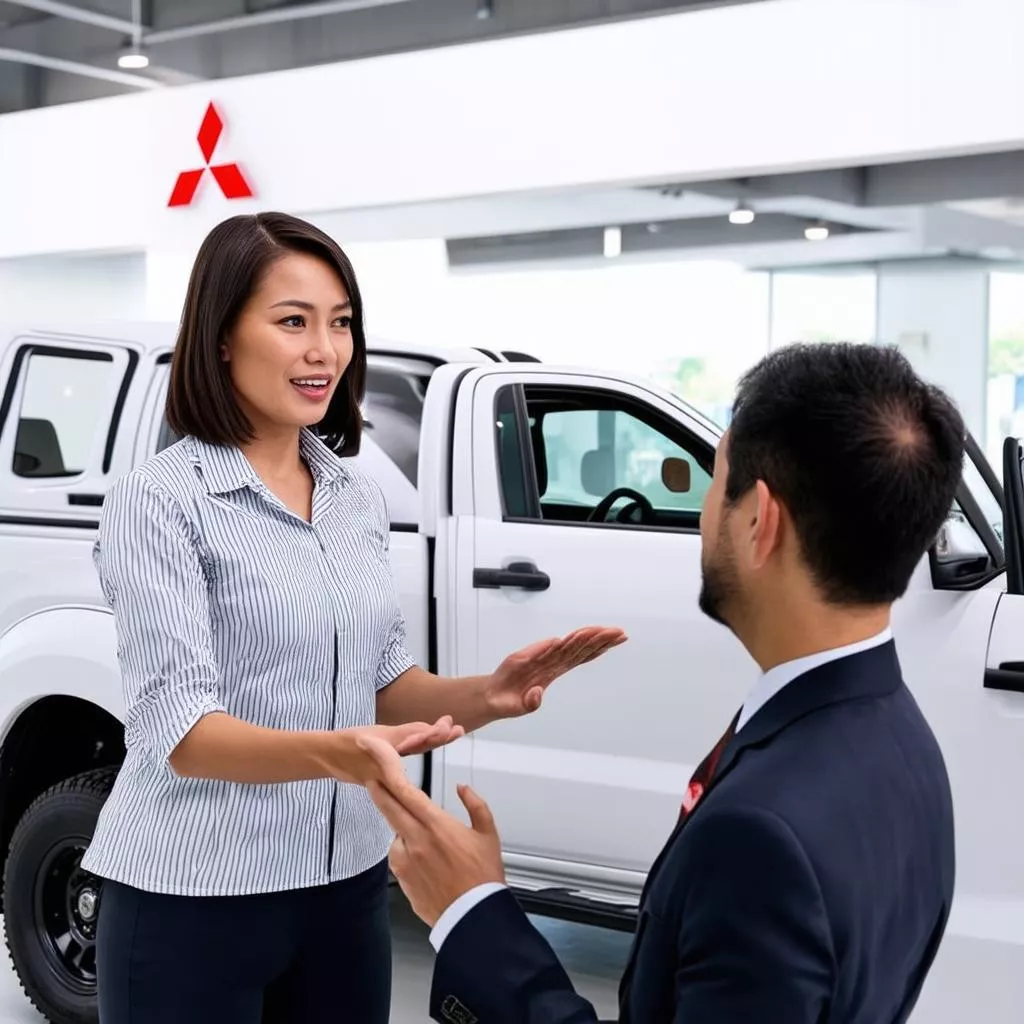 Nhân viên kinh doanh đang tư vấn cho khách hàng về xe tải Mitsubishi