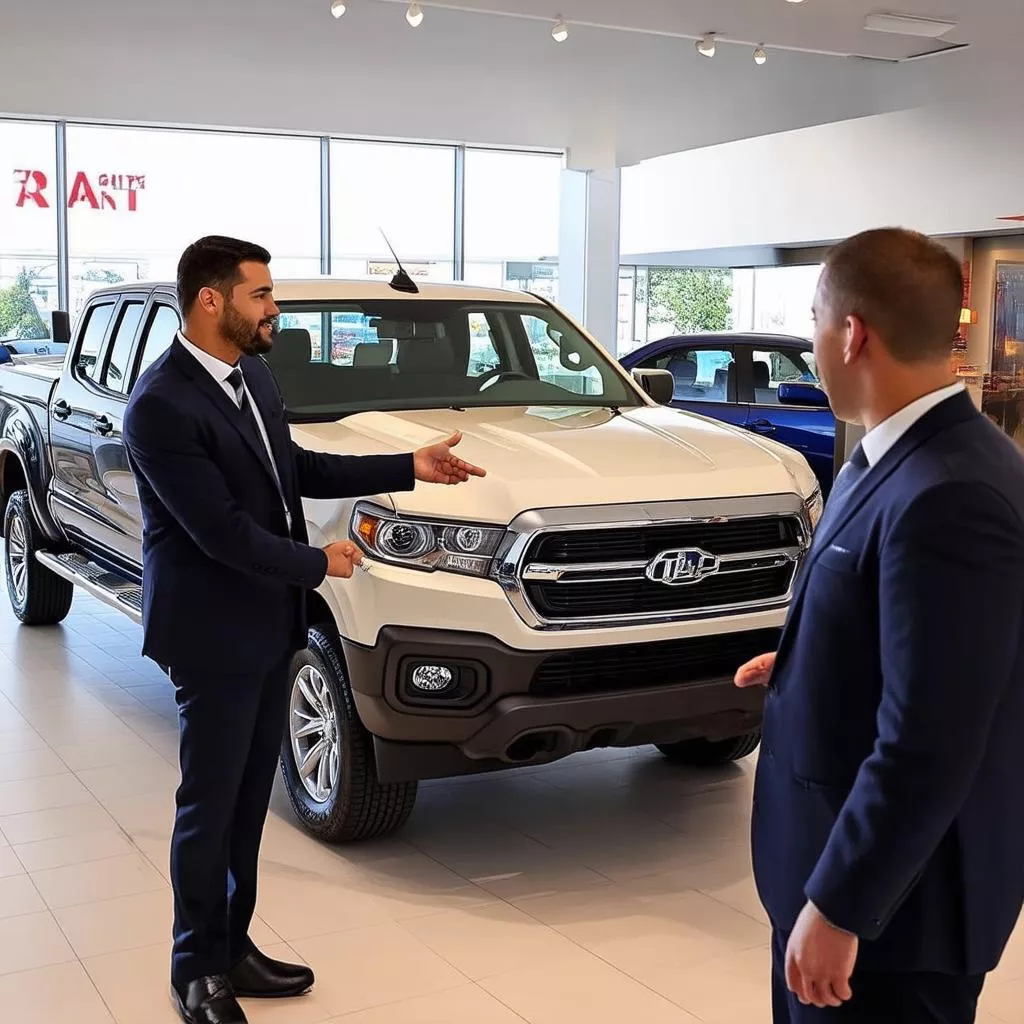 A car salesperson in Ho Chi Minh City showing a truck to a customer