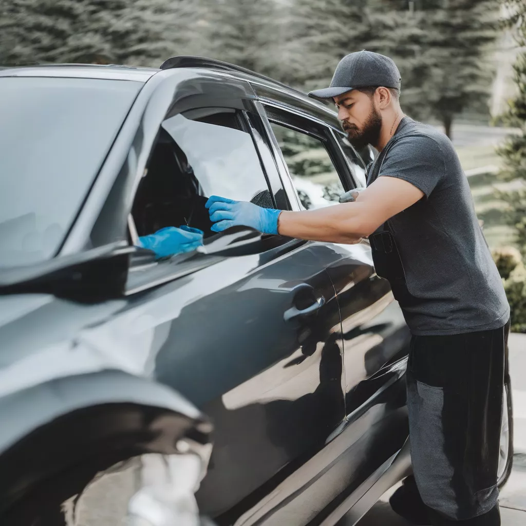 Nhân viên kỹ thuật đang dán kính mờ ô tô
