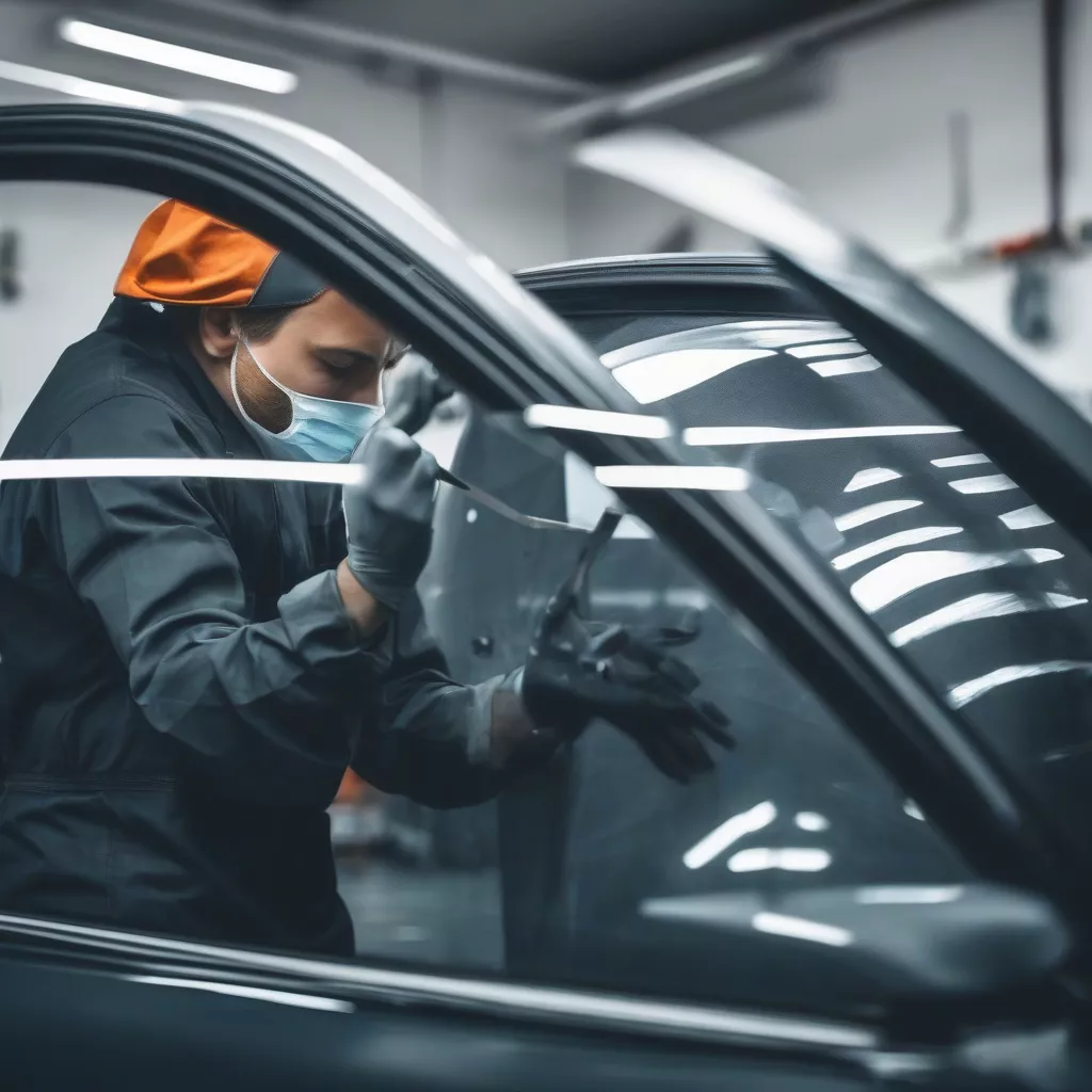 Technician applying window tint film at XE TẢI HÀ NỘI