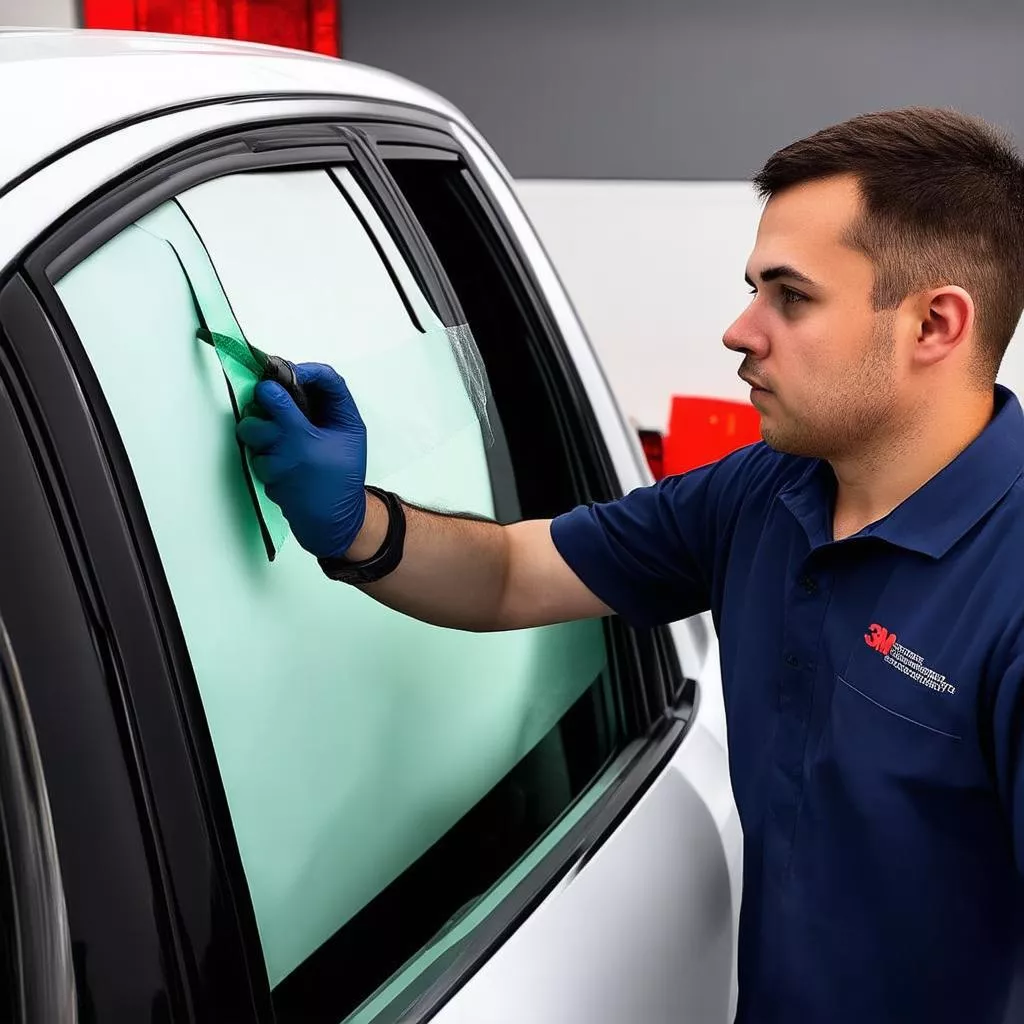 Technician applying 3M car window tint