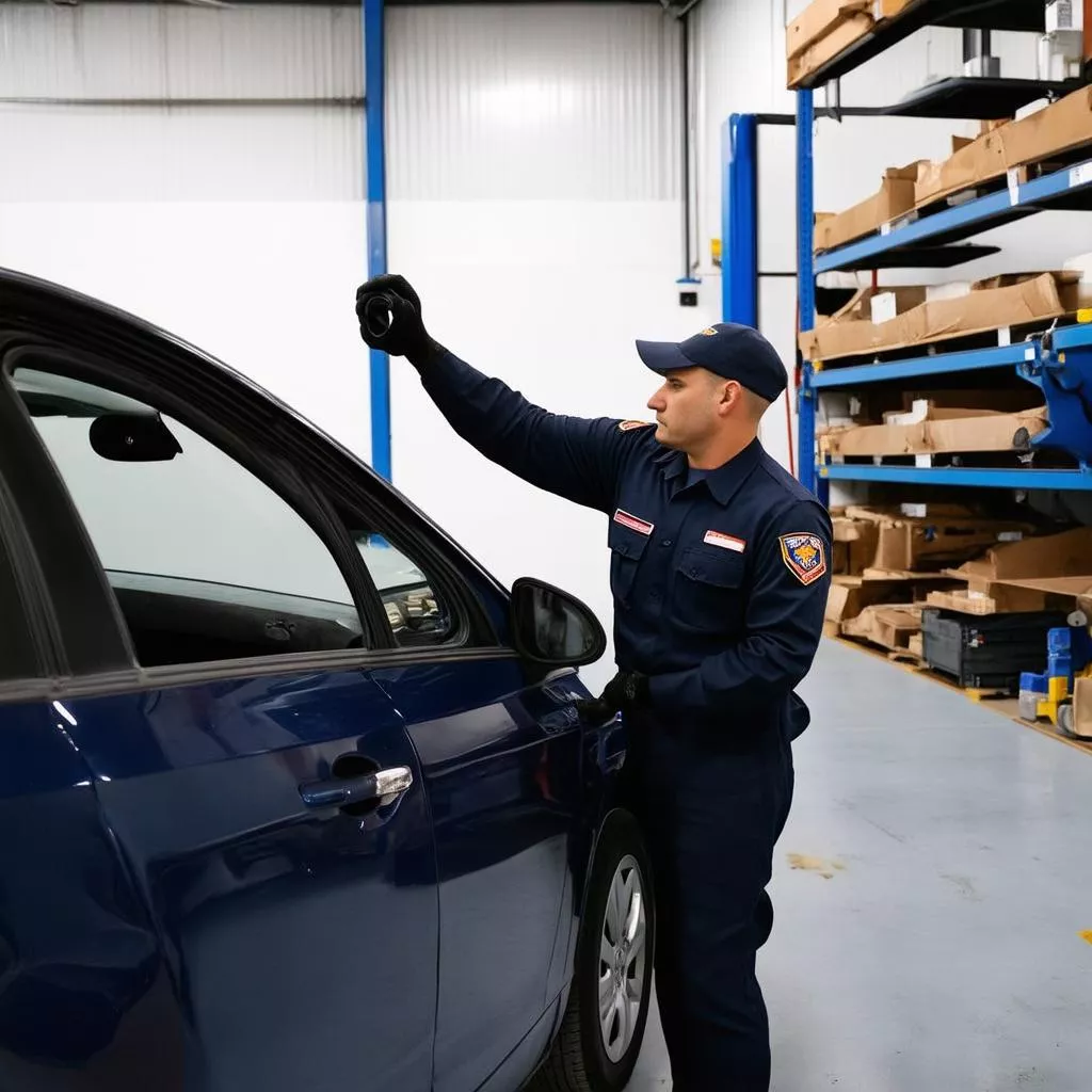 Technician inspecting a sound deadening seal