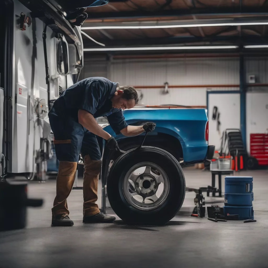 Technician inspecting truck tire
