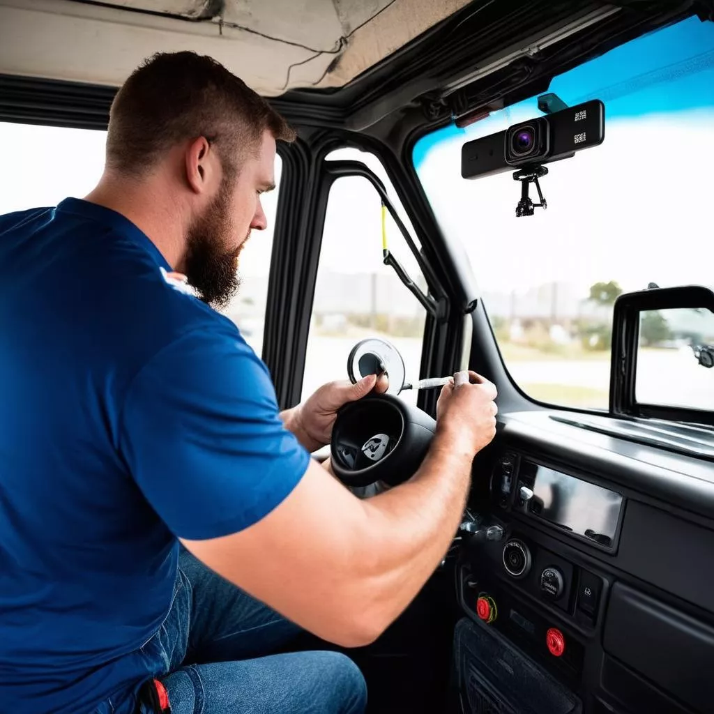 技术人员正在为货车安装行车记录仪