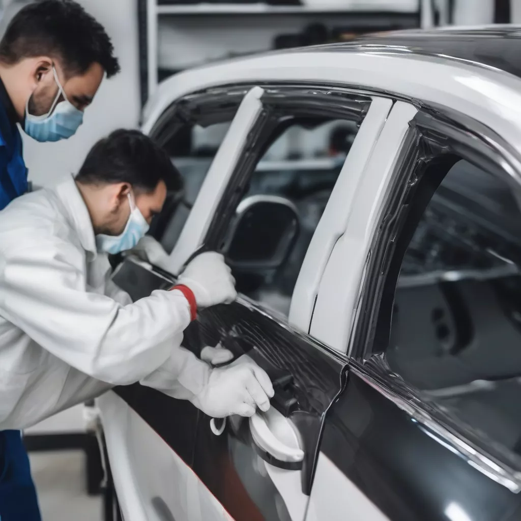 Technician installing car door edge guards for a customer