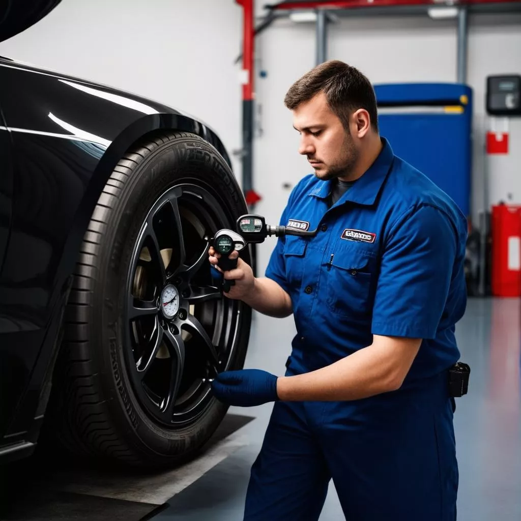 Nhân viên kỹ thuật kiểm tra lốp xe ô tô