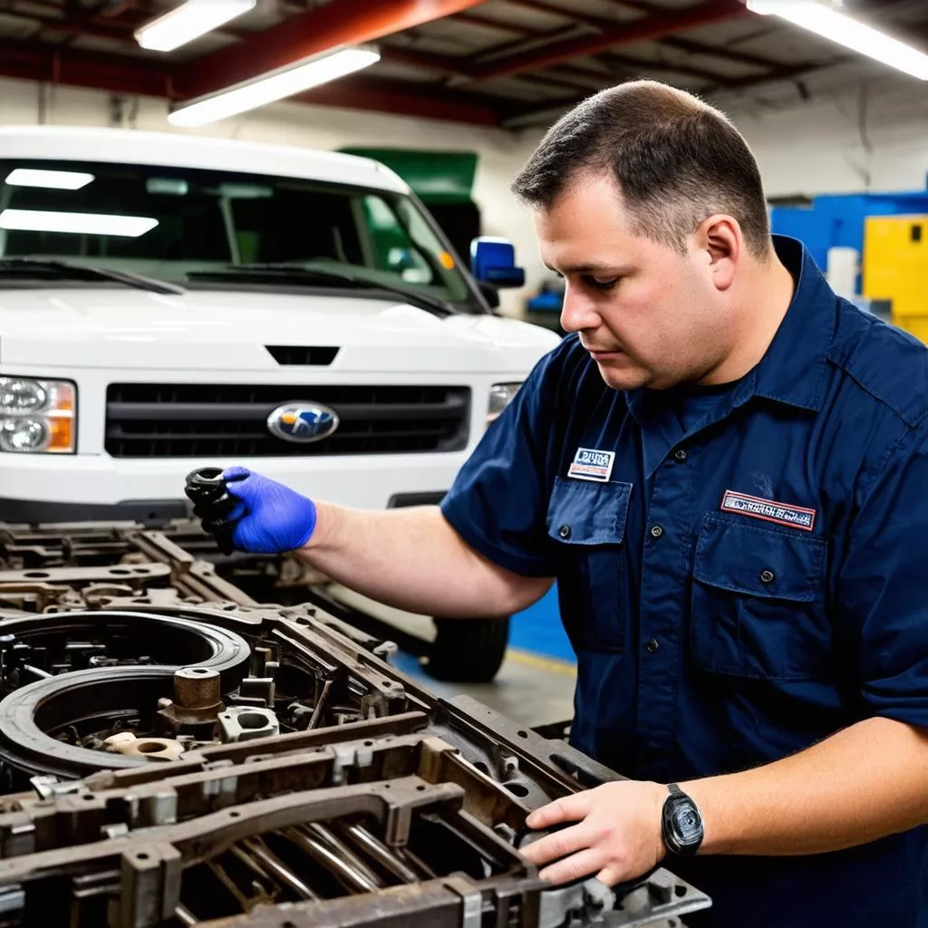 Nhân viên kỹ thuật kiểm tra phụ tùng ô tô tải