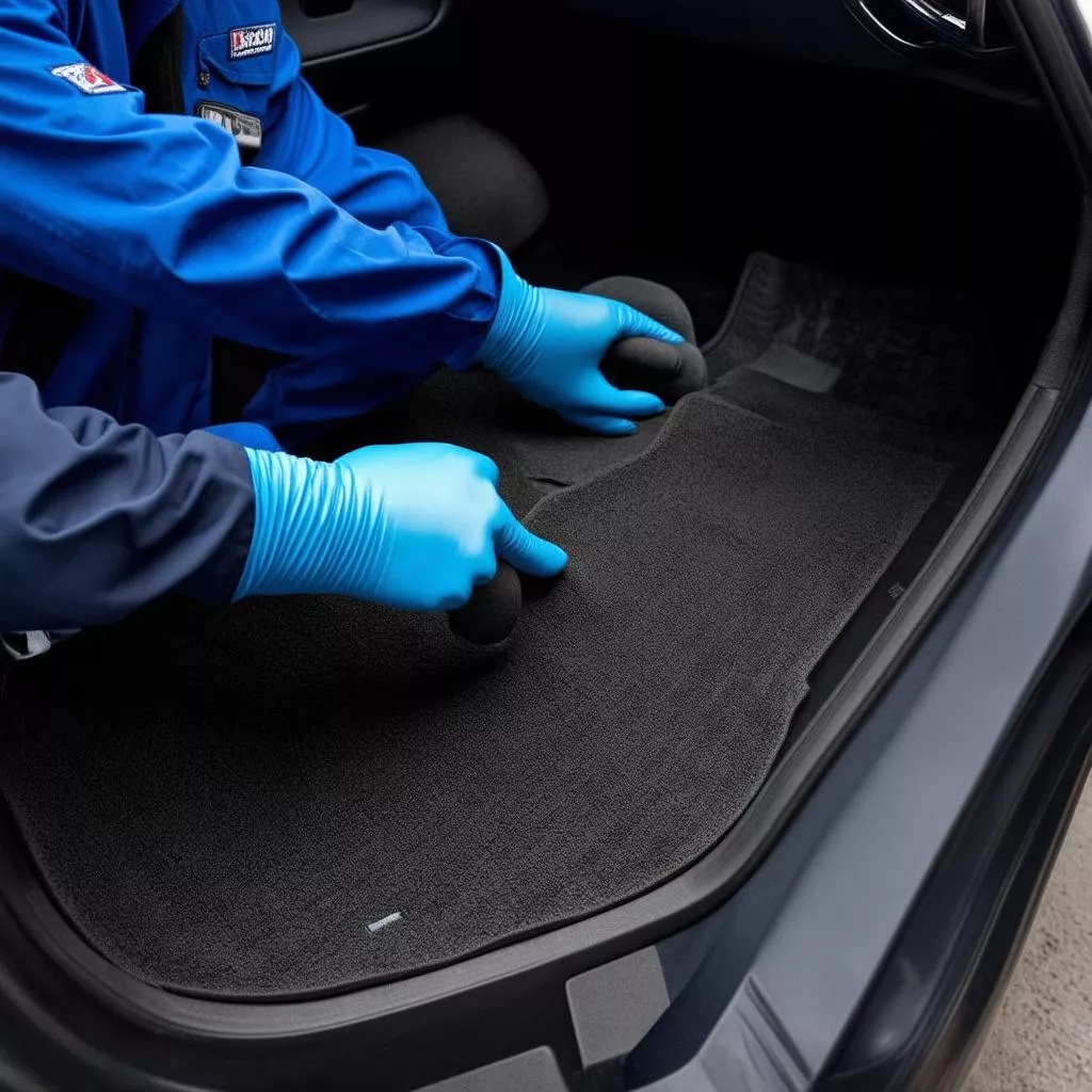 Technician installing car floor mats