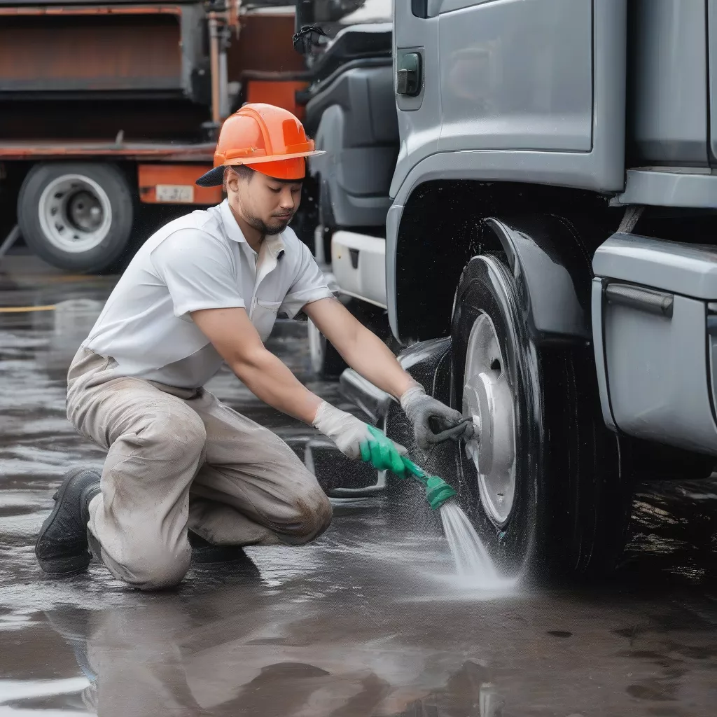 Nhân viên rửa xe tải