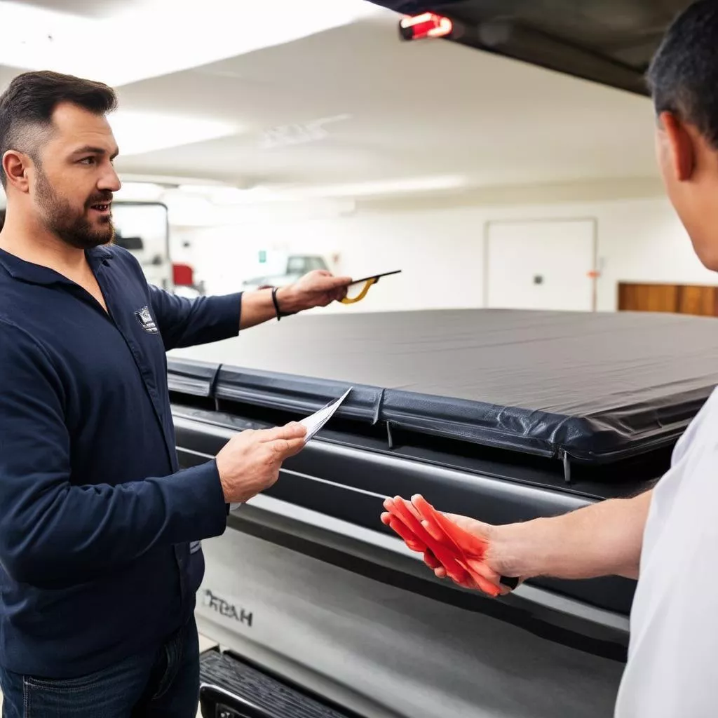 Consultor a apresentar uma lona para camião