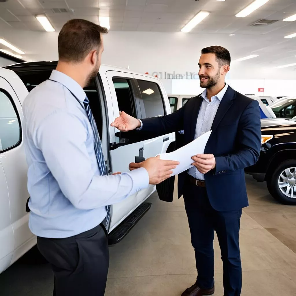 Sales consultant advising customer on truck purchase