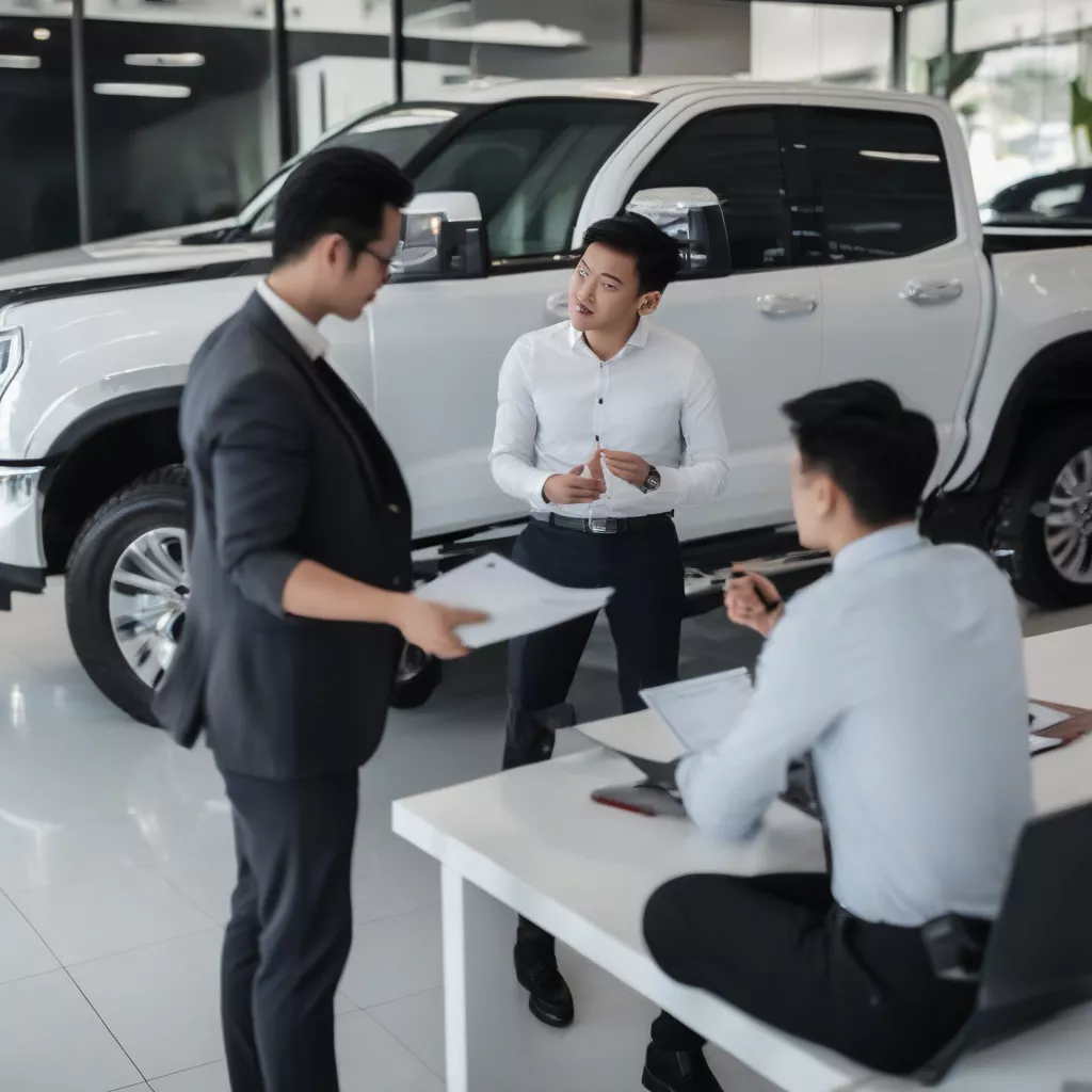 Nhân viên tư vấn khách hàng mua xe tải tại showroom
