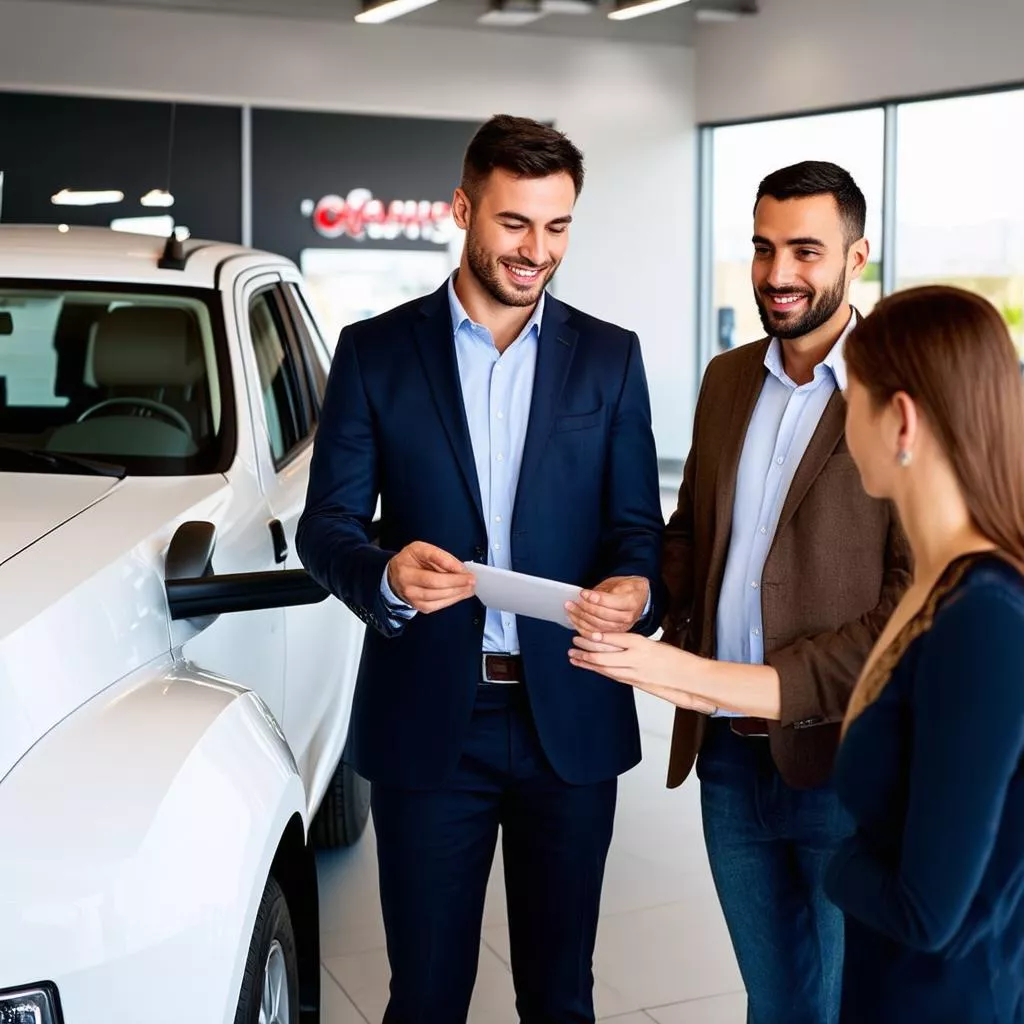 Nhân viên tư vấn khách hàng mua xe tải tại showroom