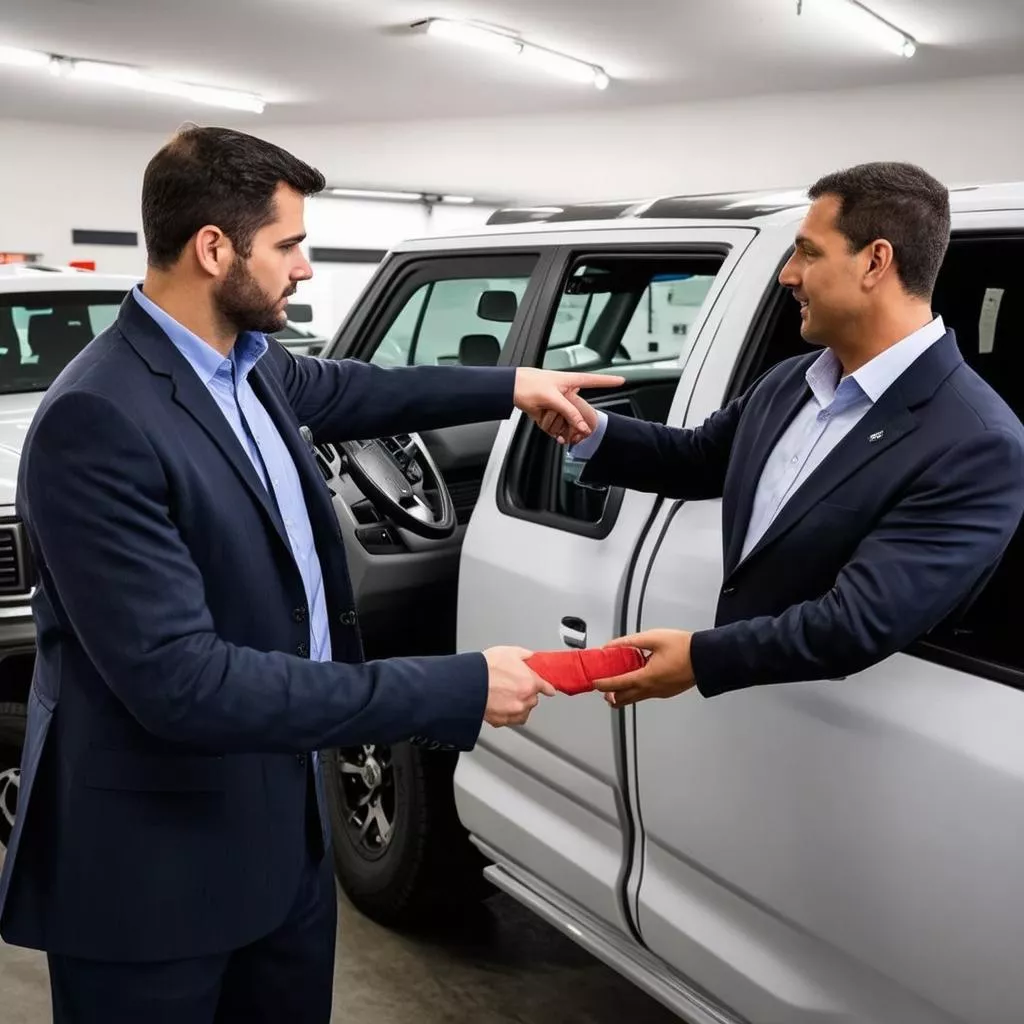 Sales consultant advising a customer at Hanoi Truck