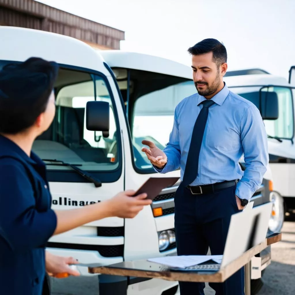 Truck sales consultant assisting a customer