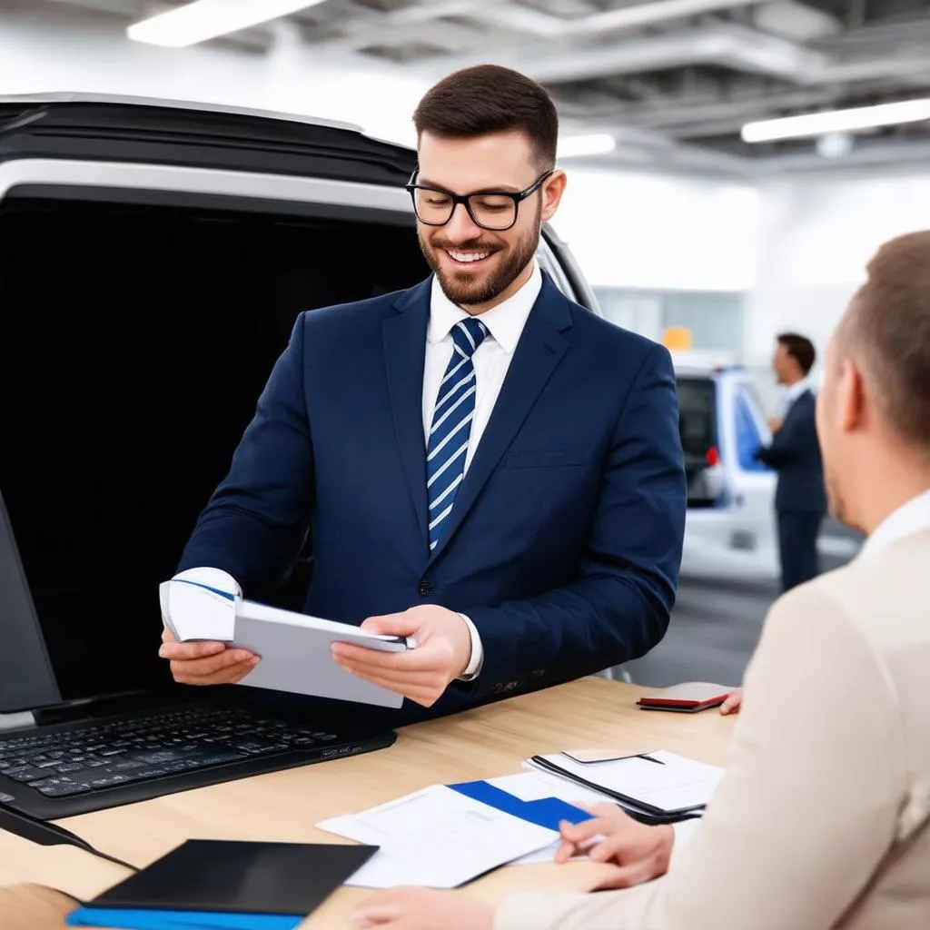 Staf penjualan memberikan konsultasi kredit truk