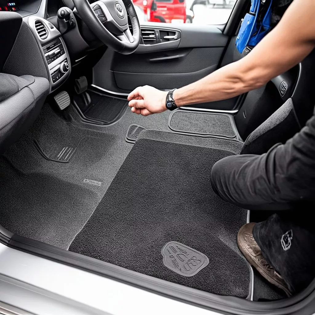 Sales consultant advising on car floor mats