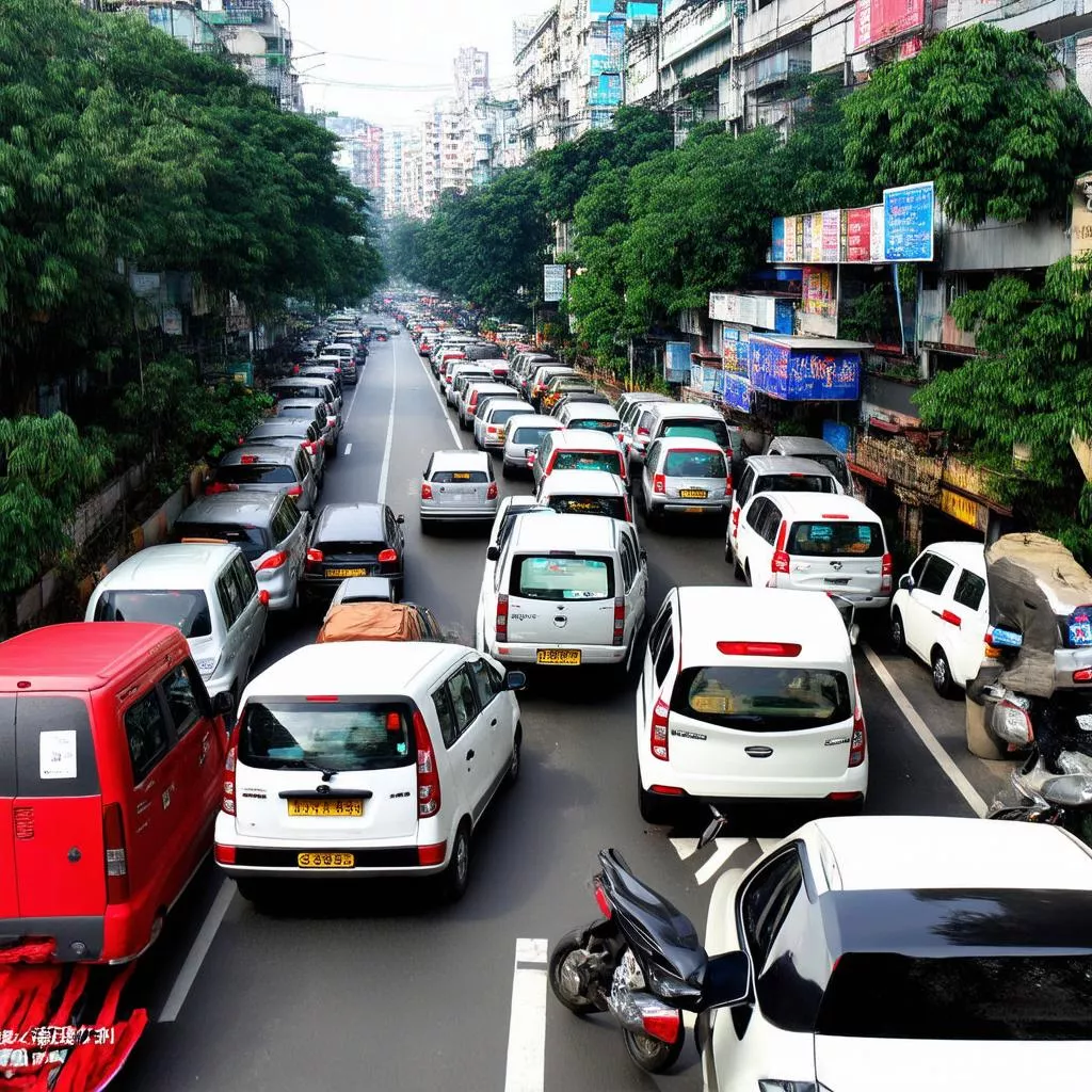 교통 체증에 갇힌 여러 대의 자동차