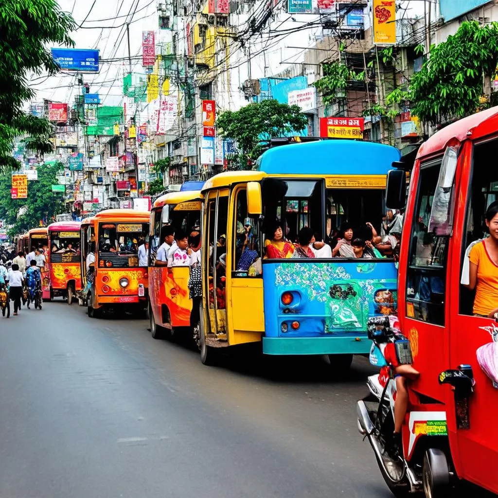 Những chiếc xe buýt màu sắc bắt mắt đang di chuyển trên đường phố Hà Nội