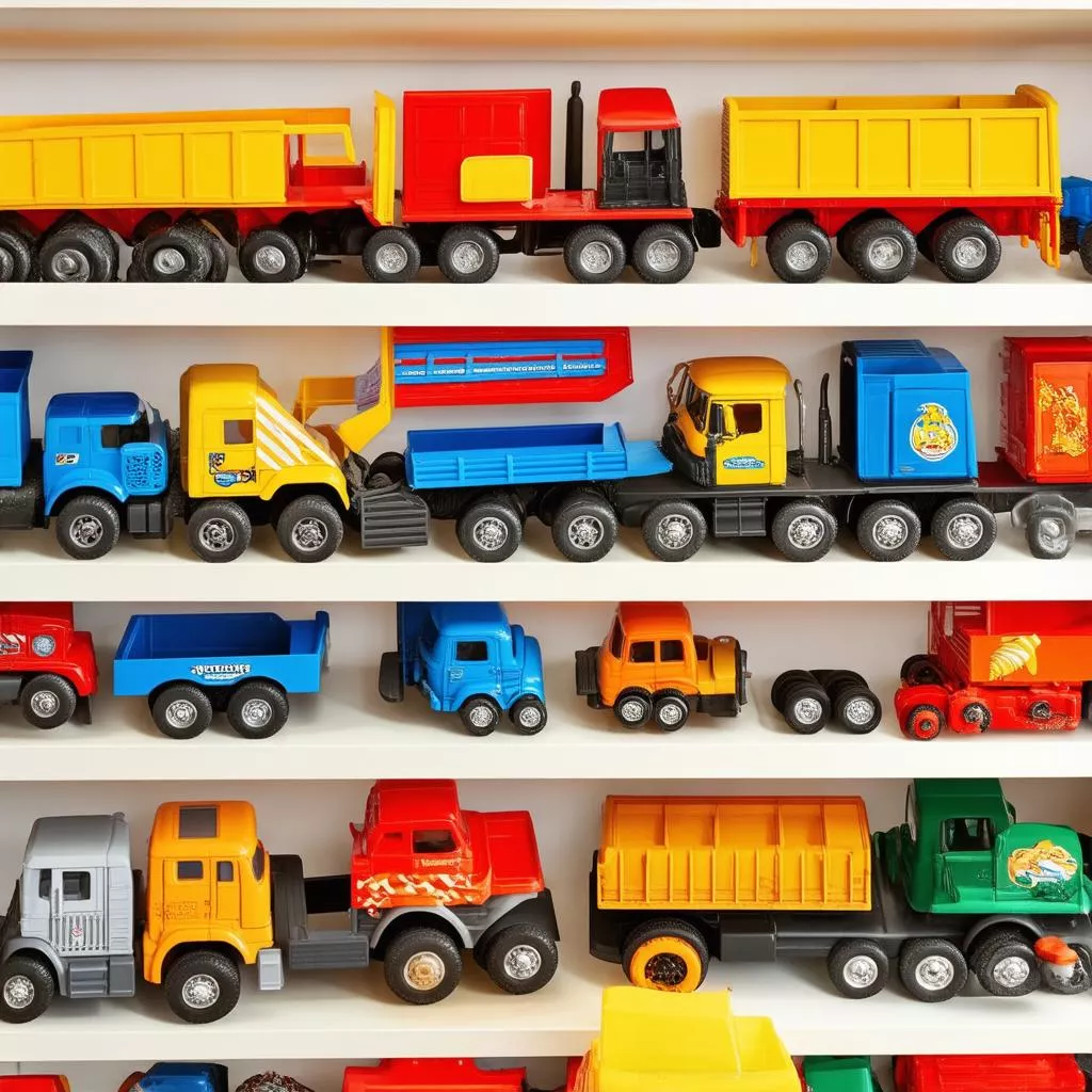Colorful toy trucks neatly arranged on a shelf