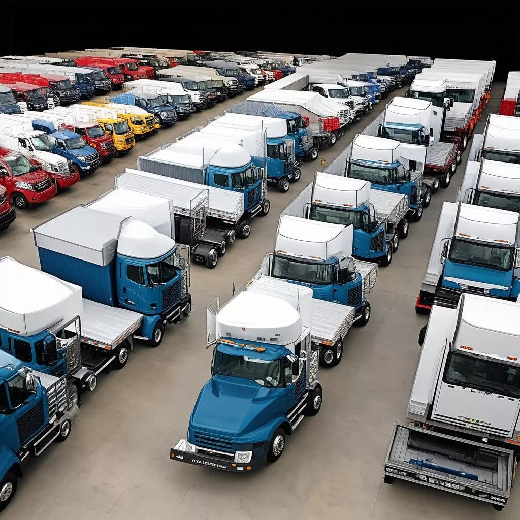 Những chiếc xe tải được bài sân ngay ngắn trong một cửa hàng bán xe tải