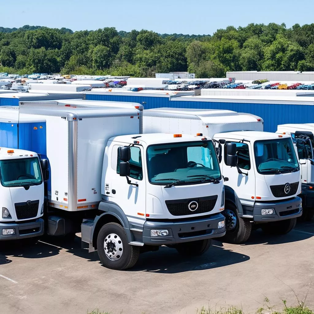 Những chiếc xe tải xếp hàng tại bãi đỗ xe