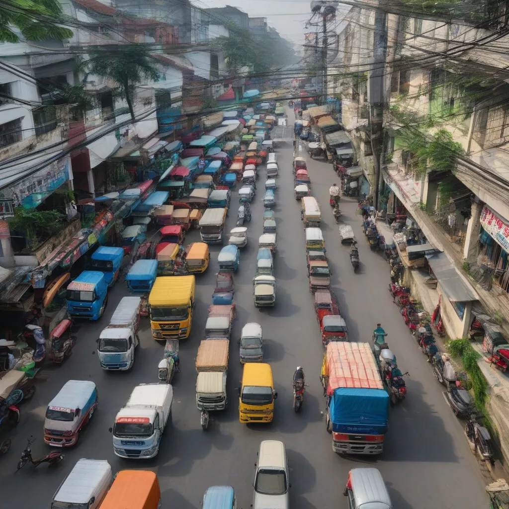 Những chiếc xe tải xếp hàng ngay ngắn trên đường phố Hà Nội