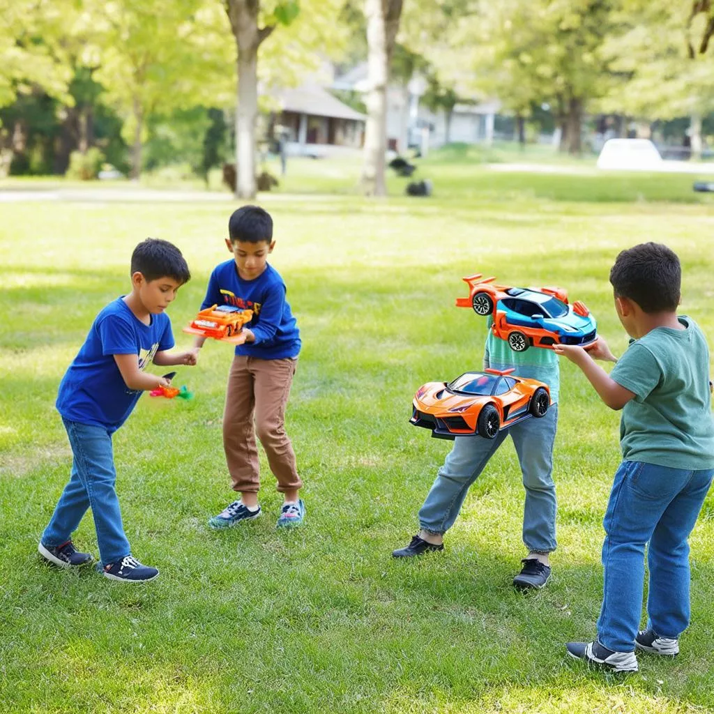 Children Playing with Animated Flying Car Toys