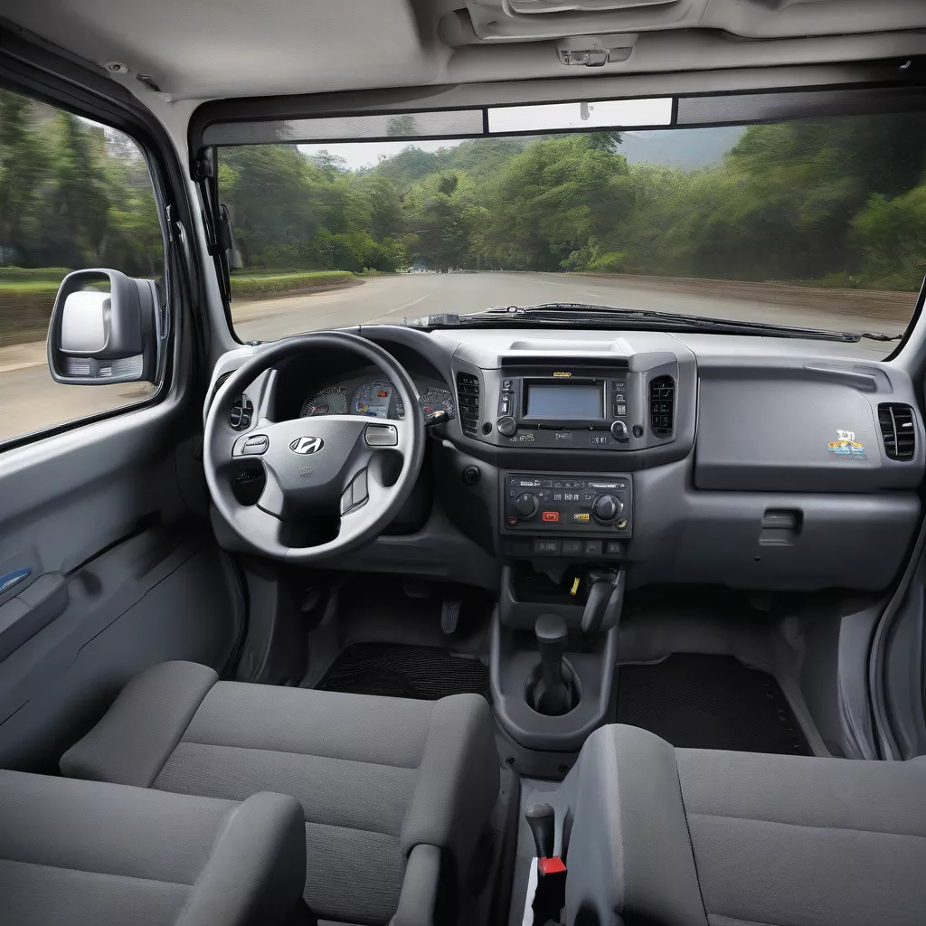 Nội thất xe tải Hyundai Mighty EX8 GT S1 6 tấn thùng kín với vô lăng và bảng điều khiển.